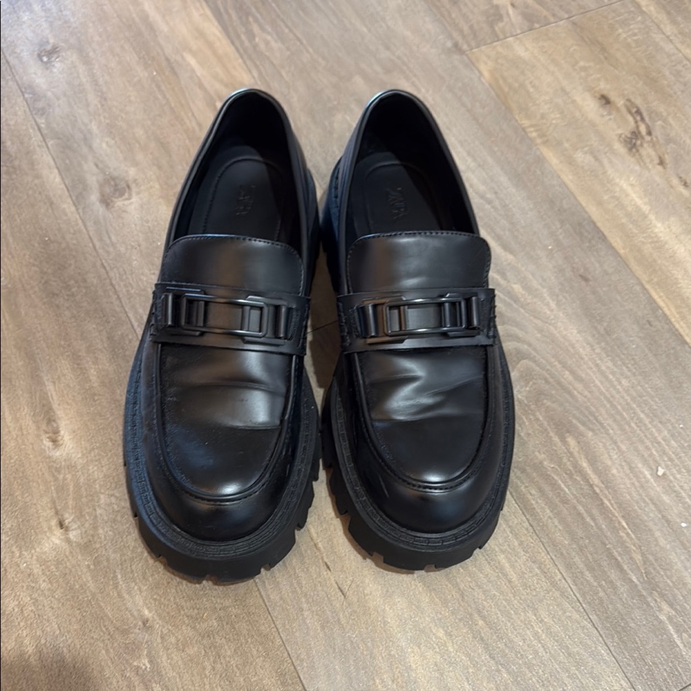 Zara Black Leather Slip-On Loafers with Decorative Strap